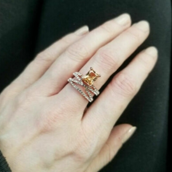 Emerald Cut Citrine and Diamond Triple Band Ring - Picture 6 of 8